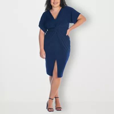 Plus Size 24Seven Comfort Apparel Short Sleeve V-Neck Twist Front Split-Hem Dress, Womens Product Image