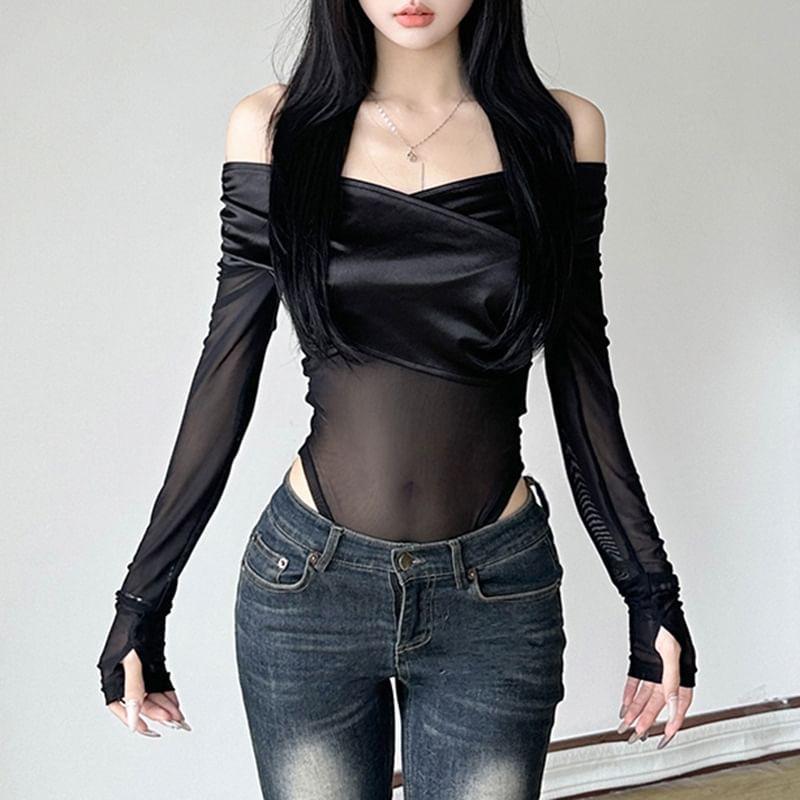 Long-Sleeve Off Shoulder Sheer Bodysuit Top Product Image