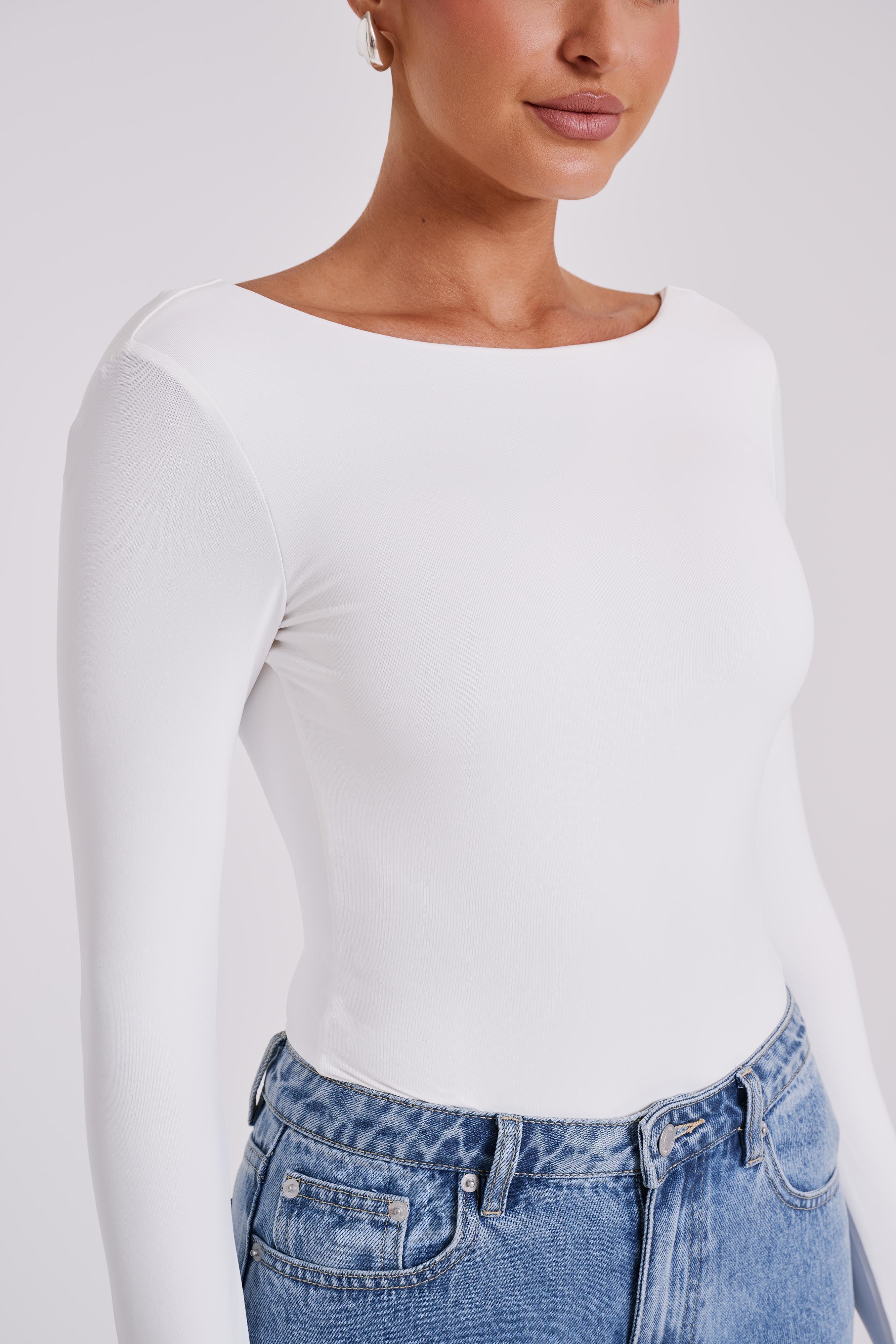 Cheyenne Long Sleeve Plunge Back Bodysuit - White Product Image