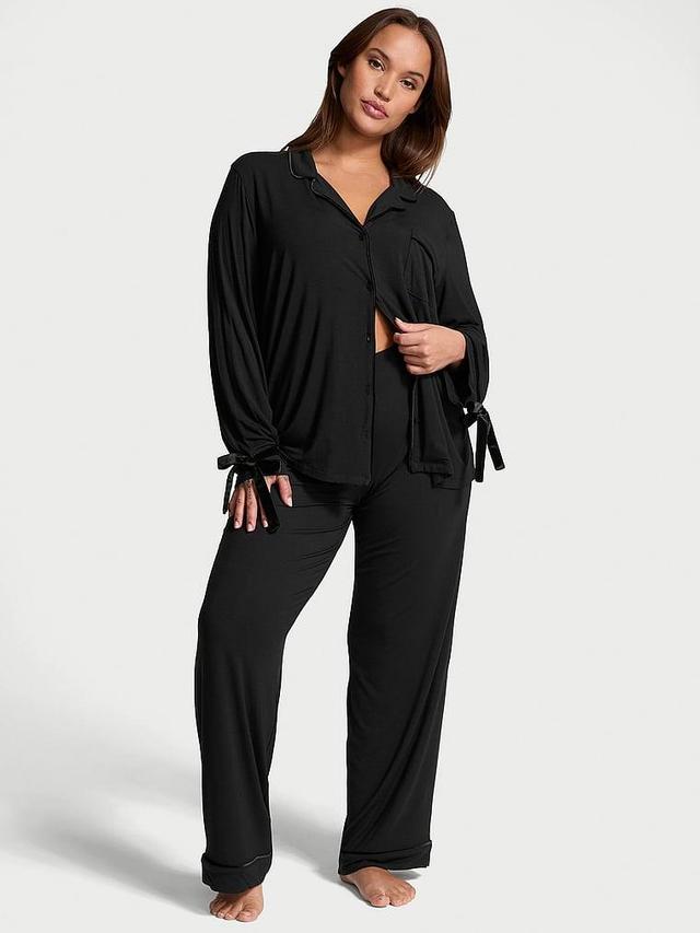 Modal Soft Velvet-Trim Long Pajama Set Product Image