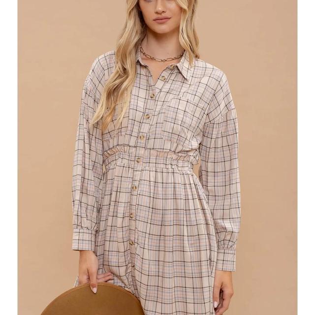 Plaid Collared Button Down Long Sleeve Dress Product Image