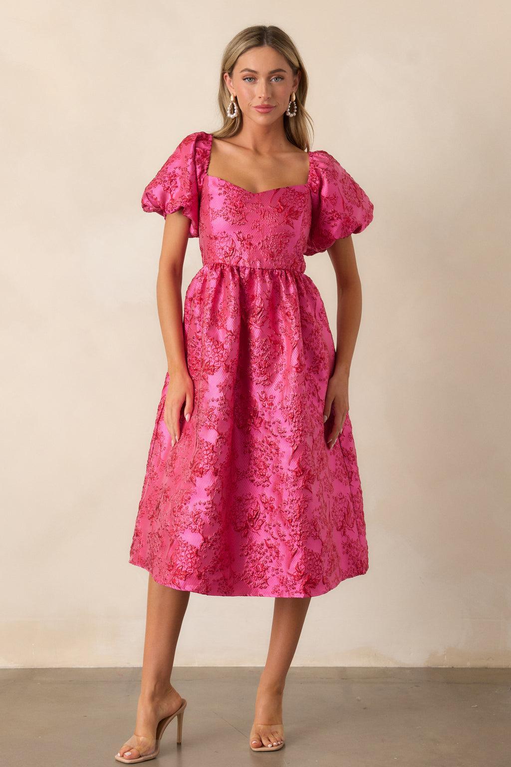 Blooming Hearts Pink Floral Jacquard Midi Dress Product Image