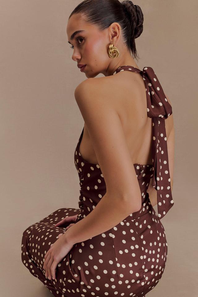 Marguerite Satin Halter Midi Dress - Brown Polka Dot Print Product Image