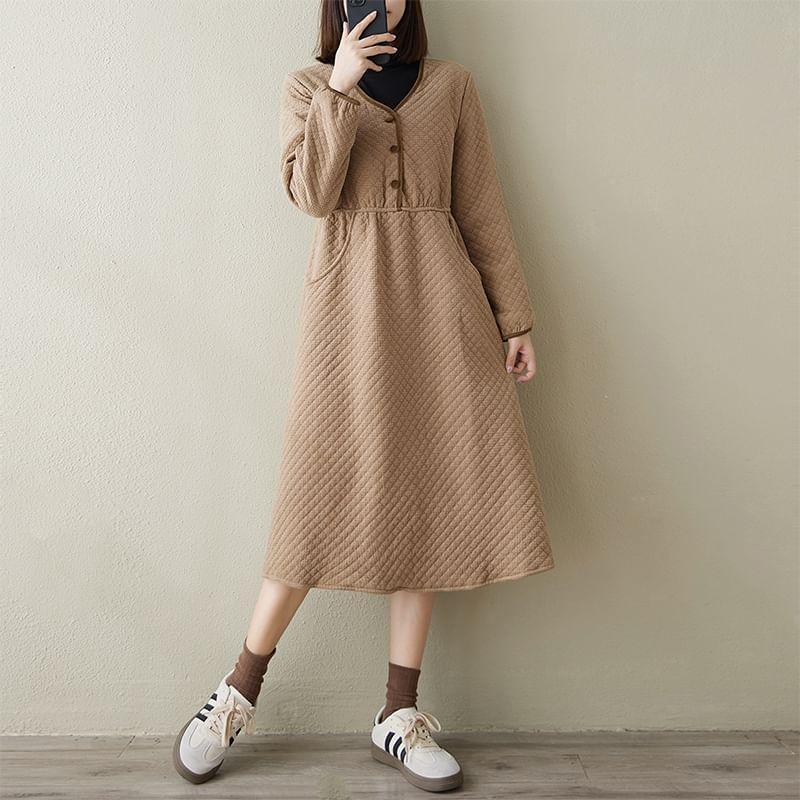 Long-Sleeve V-Neck Plain Quilted Half-Buttoned Midi A-Line Dress Product Image