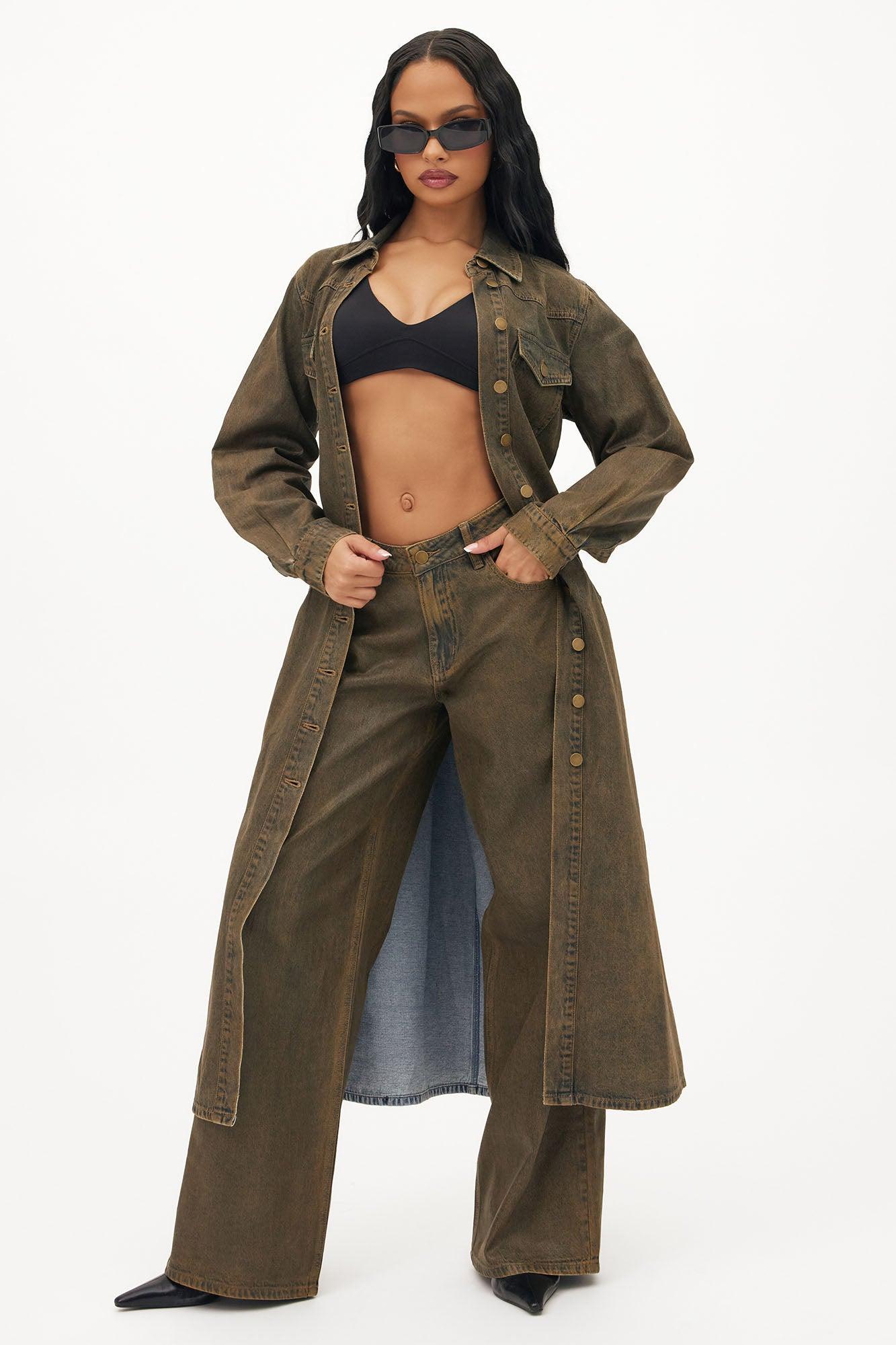 Play It Off Coated Denim Trench Coat - Brown Product Image