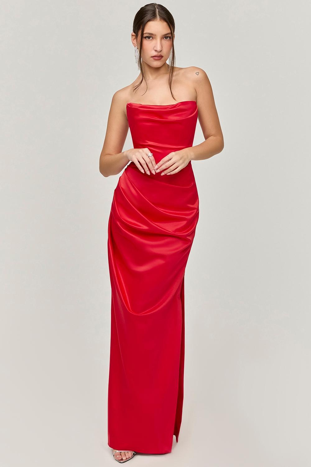 Adrienne Scarlet Satin Strapless Gown Product Image