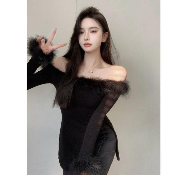 Off-Shoulder Plain Fluffy Trim Ribbed Side-Slit Sweater Product Image