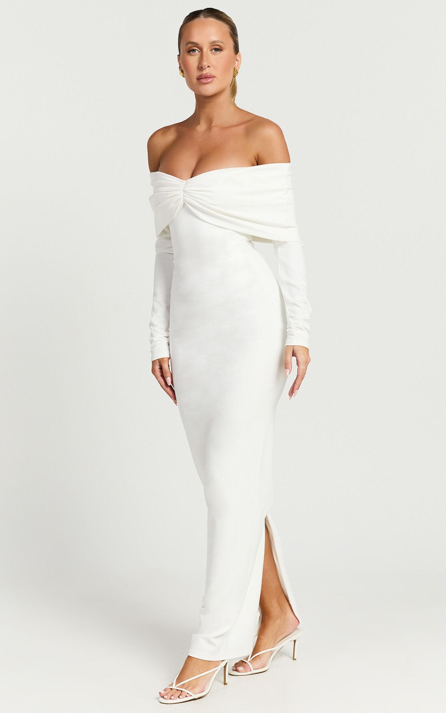 Rani Midi Dress - Off Shoulder Long Sleeve Bodycon Dress in Off White Product Image