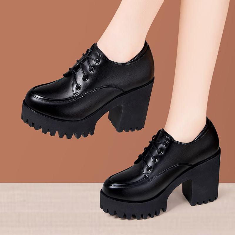 Block Heel Faux Leather Lace-Up Shoes (Various Designs) Product Image