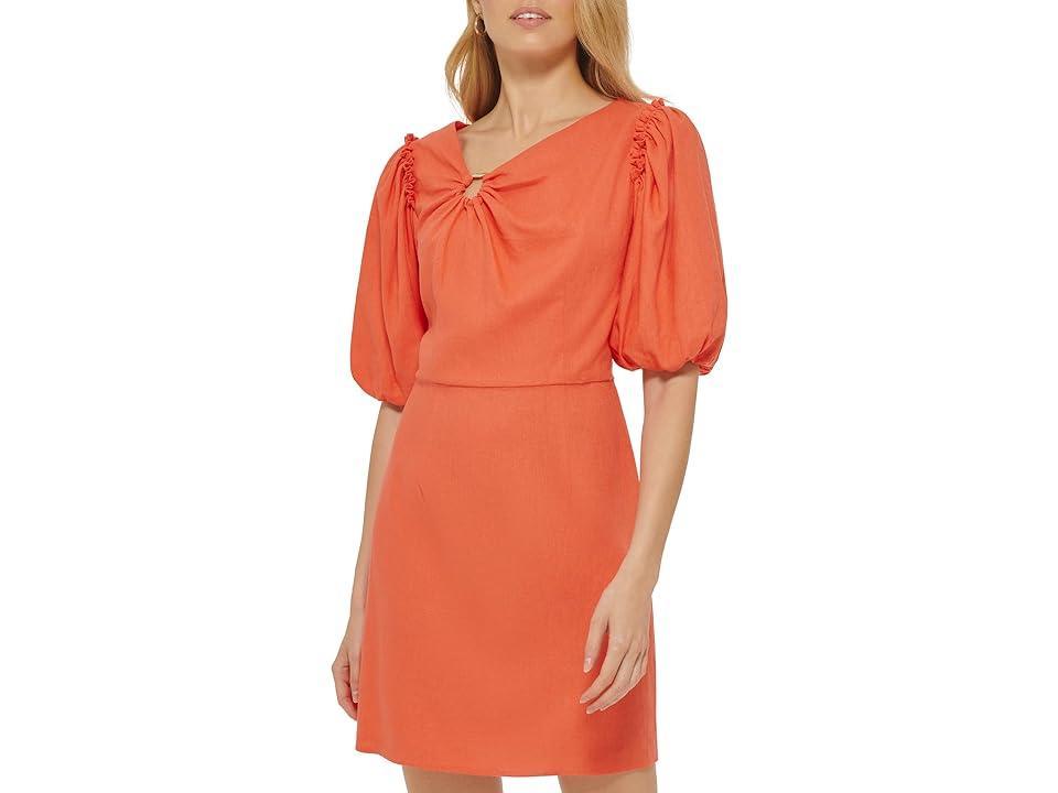 DKNY Short Sleeve Neck Ring Linen Midi Dress (Persimmon) Women's Clothing Product Image