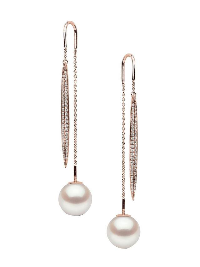 Womens 18K Rose Gold, 9.6MM Freshwater Pearl & Diamond Threader Earrings Product Image