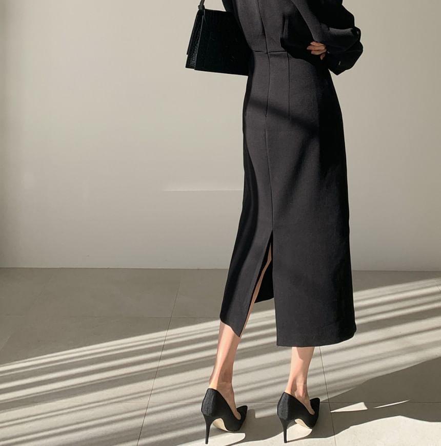 Long-Sleeve Round Neck Plain Slit Midi Sheath Dress Product Image