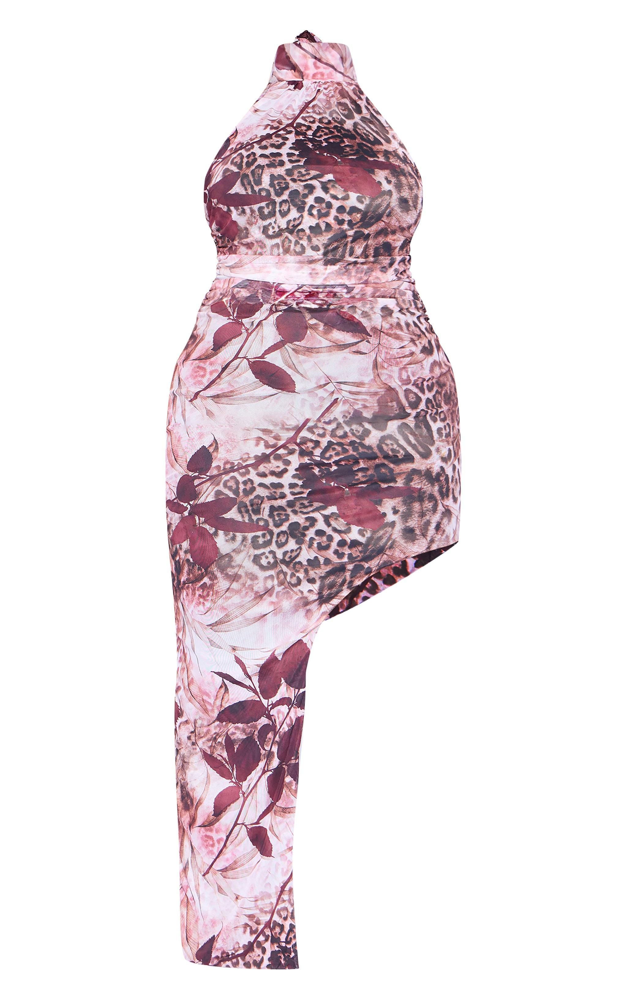 Plus Pink Mesh Floral Print Halteneck Ruched Midi Dress Product Image