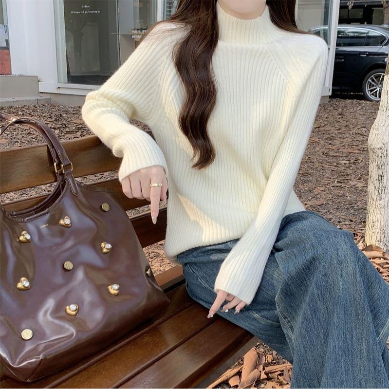 Long-Sleeve Turtleneck Ribbed Knit Top Product Image