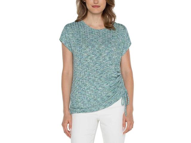 Liverpool Los Angeles Short Sleeve Scoop Neck with Side Tie Detail Space Dye Rib Knit (Mermaid Teal Spacedye) Women's Clothing Product Image