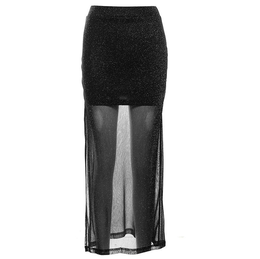 Long-Sleeve Square Neck Glitter T-Shirt / High Waist Side-Slit Maxi Pencil Skirt Product Image