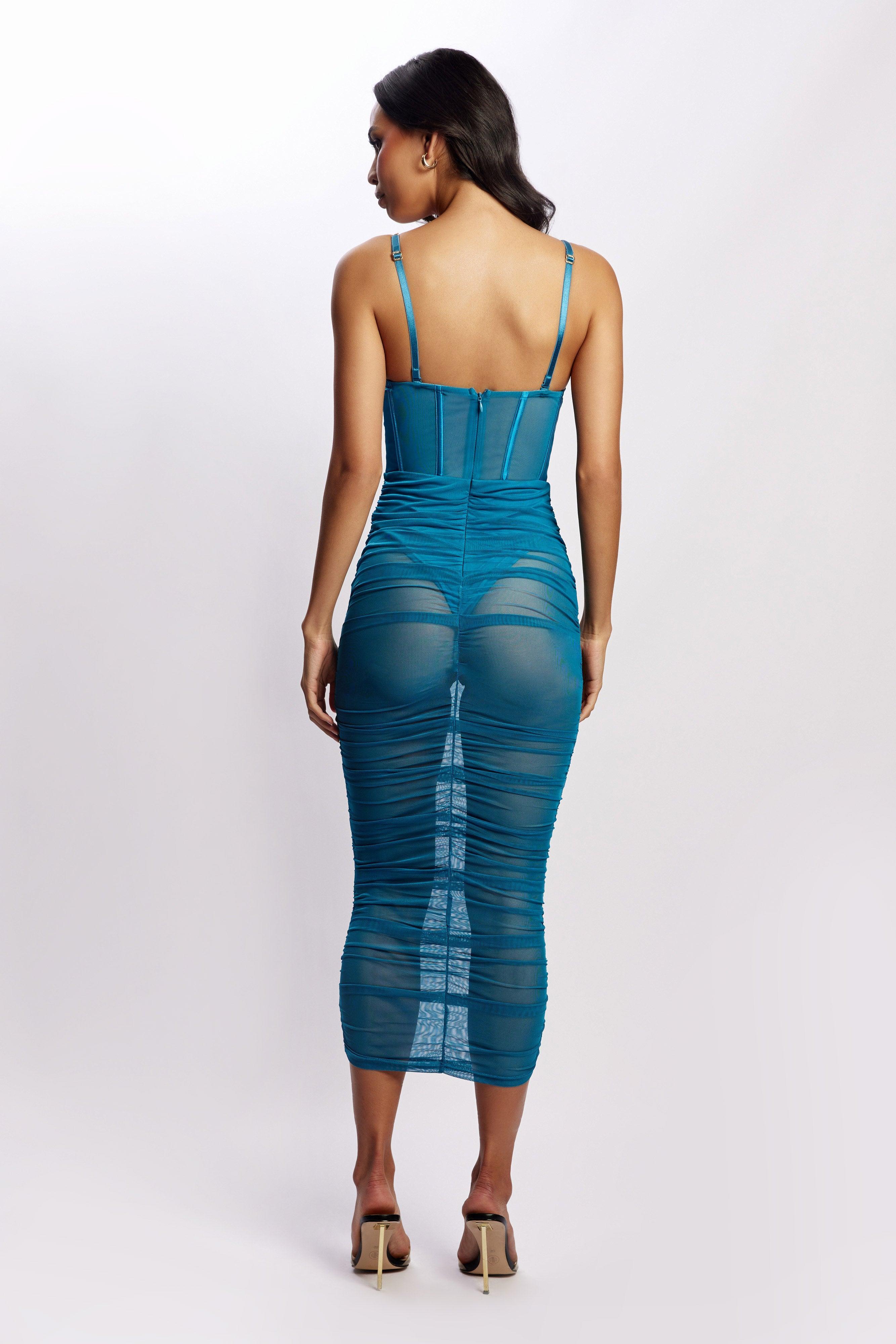 Tiarne Satin And Mesh Corset Midi Dress - Marine Blue Product Image