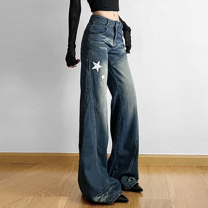 Low Waist Star Applique Washed Straight-Fit Wide-Leg Jeans Product Image