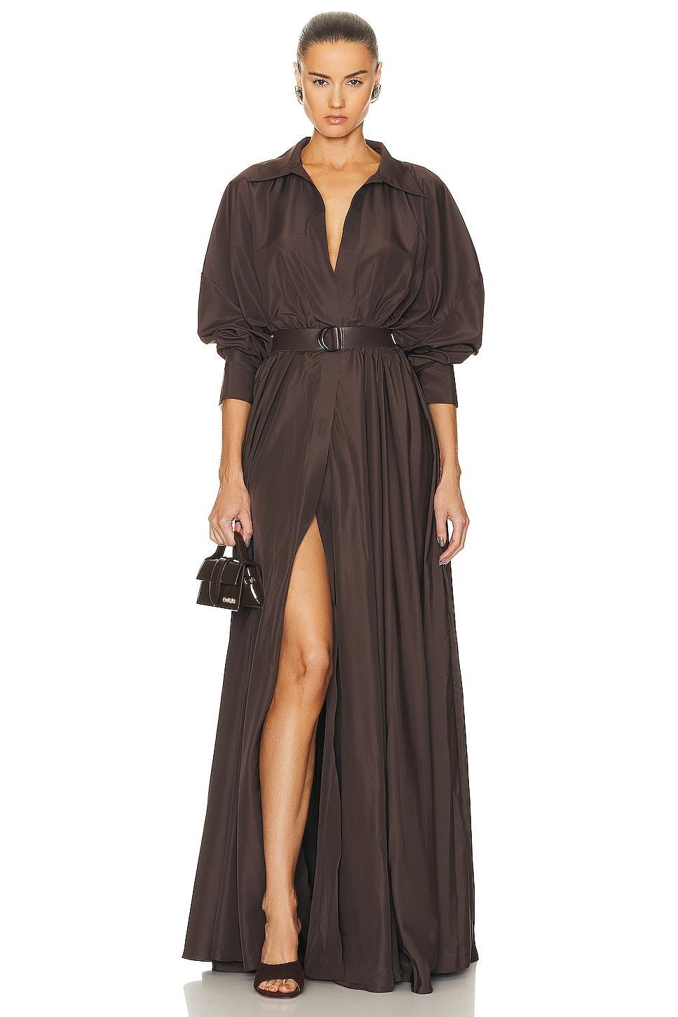 Norma Kamali Super Oversized Boyfriend Shirt Flared Gown in Brown Product Image