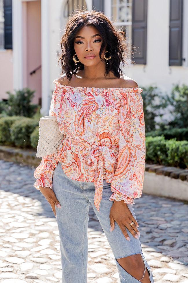 Off The Path Orange Paisley Off The Shoulder Belted Blouse FINAL SALE Product Image