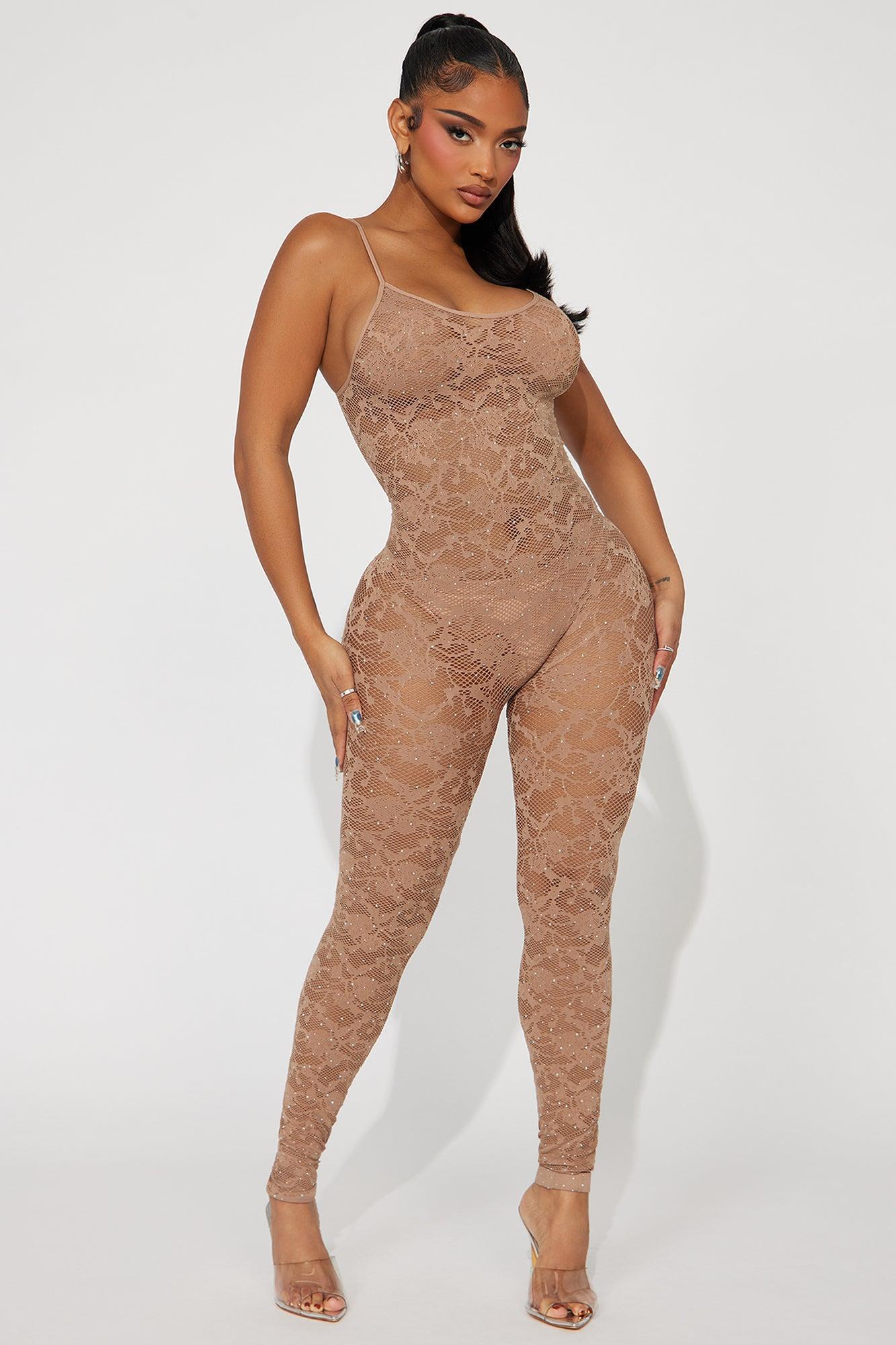 With Love Embellished Seamless Jumpsuit - Brown Product Image