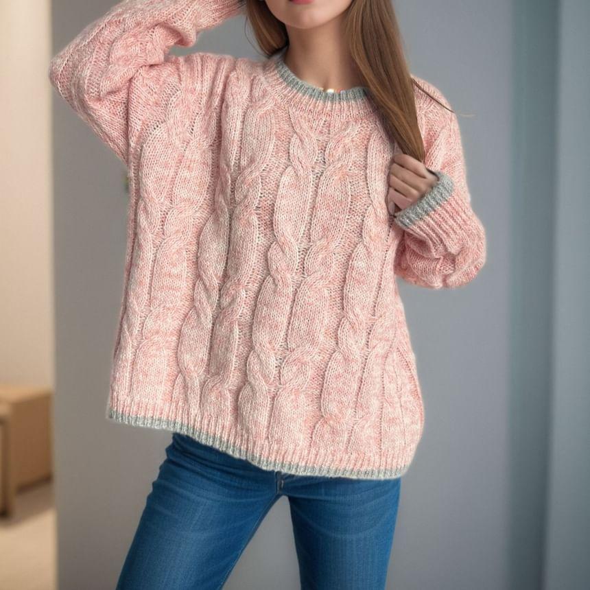 Crew Neck Contrast Trim Cable Knit Sweater Product Image