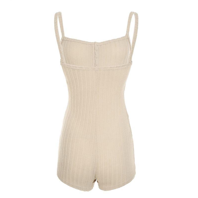 Spaghetti Strap Plain Ribbed Button Up Romper Product Image