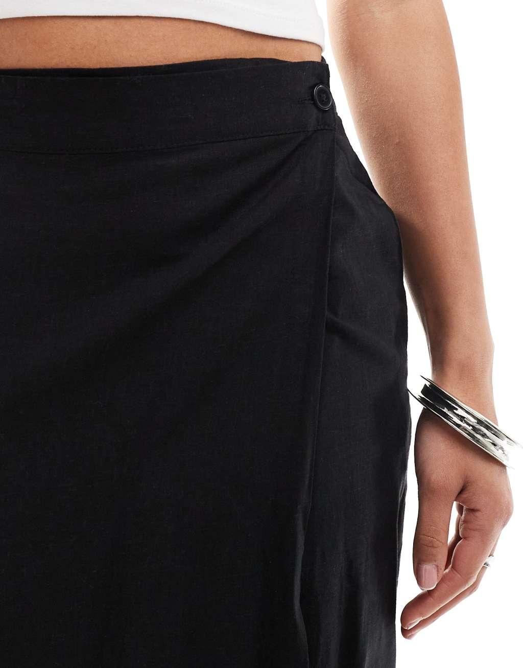 Vero Moda Aware linen mix wrap maxi skirt in black Product Image