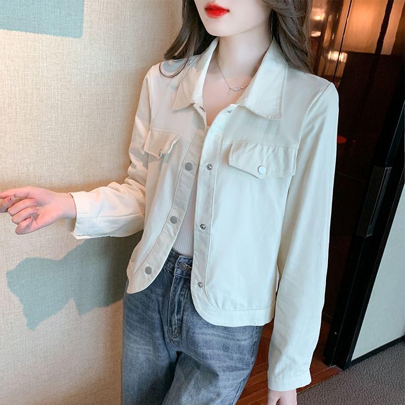 Collared Button-Up Plain Crop Jacket Product Image