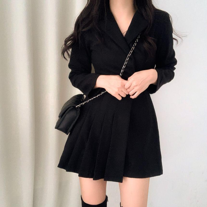 Long Sleeve Notch Lapel Plain Pleated Asymmetrical Mini A-Line Blazer Skort Dress Product Image