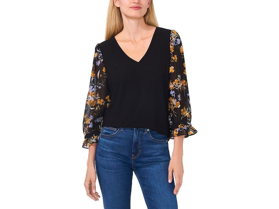 CeCe V Neck Mix Media 3/4 Sleeve Top (Rich ) Women's Clothing Product Image