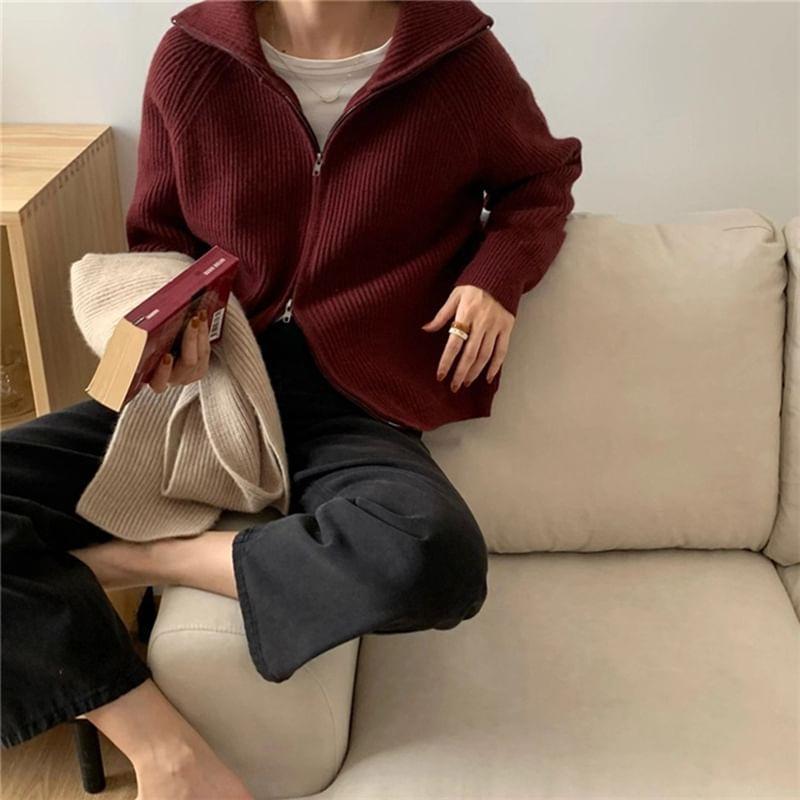 Plain Ribbed Zip Cardigan Product Image