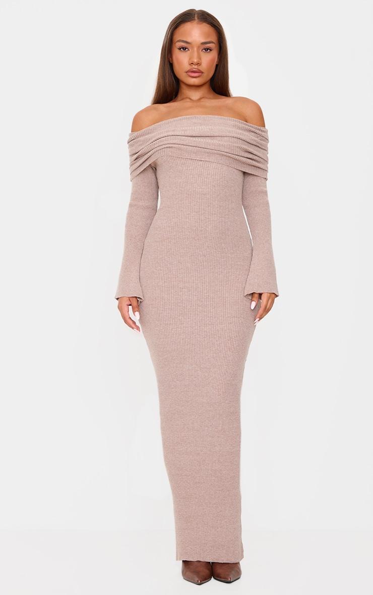 Petite Taupe Knit Bardot Long Sleeve Maxi Dress product image