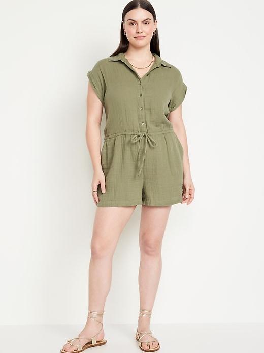 Waist-Defined Crinkle Gauze Romper -- 3-inch inseam Product Image