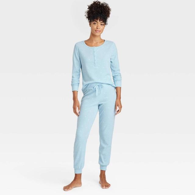 Womens Thermal Long Sleeve Henley Top and Jogger Pants Pajama Set - Auden Blue/Snowflakes L Product Image