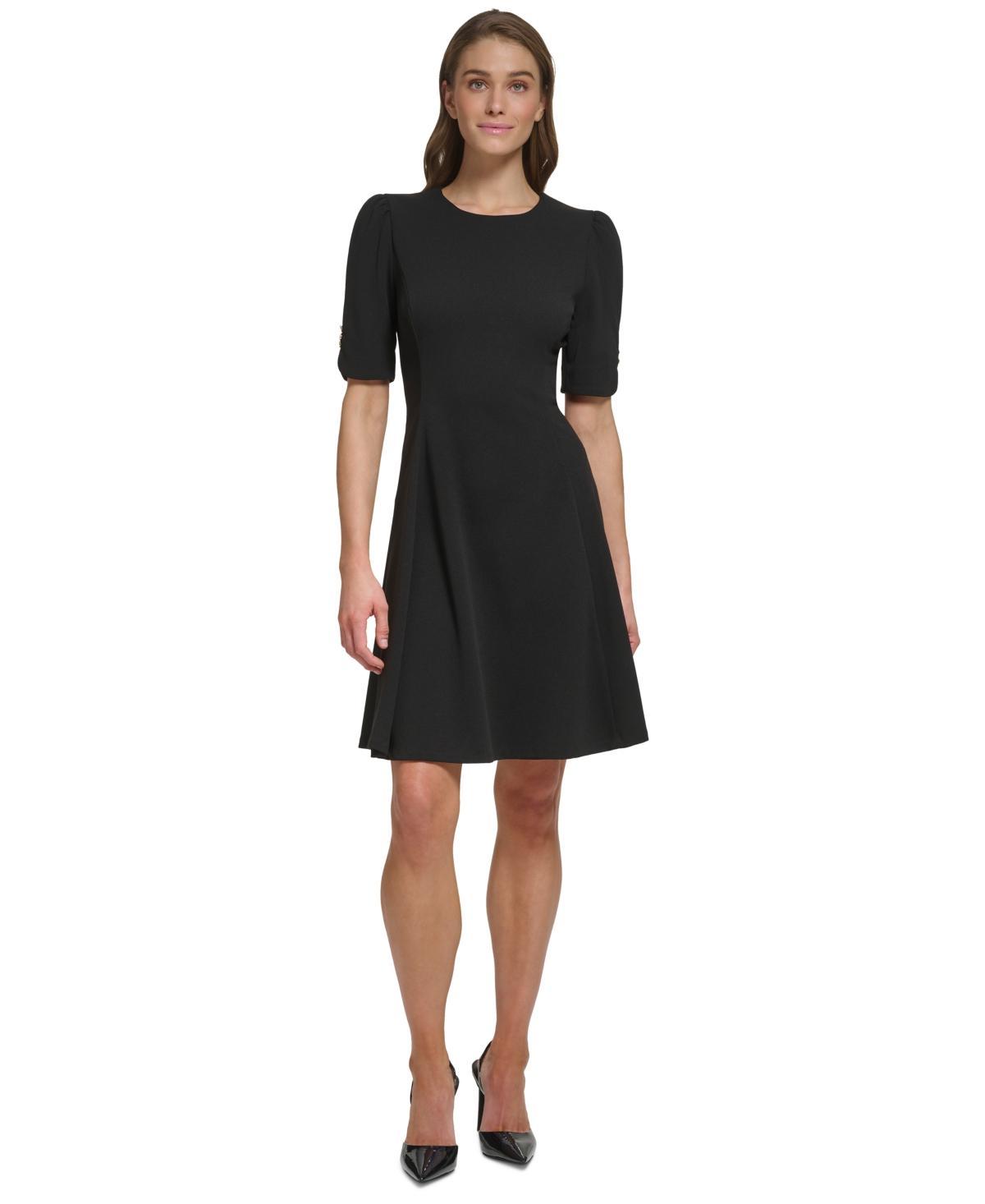 DKNY Petite Size Short Sleeve Crew Neck Scuba Crepe Fit and Flare Dress Product Image