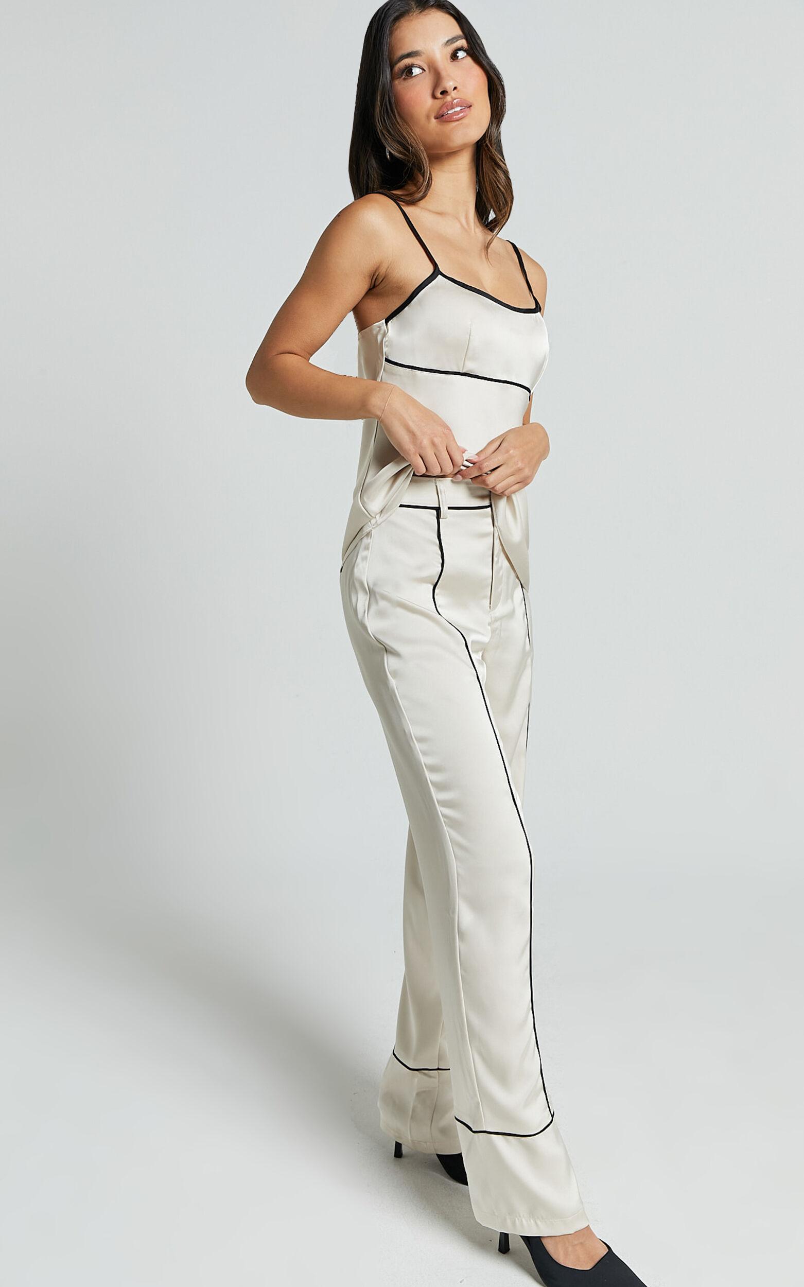 Bobbie Pants - High Waist Contrast Piping Pants in Oyster Product Image