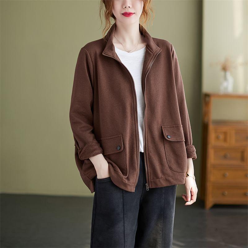 Stand Collar Plain Zip Jacket Product Image