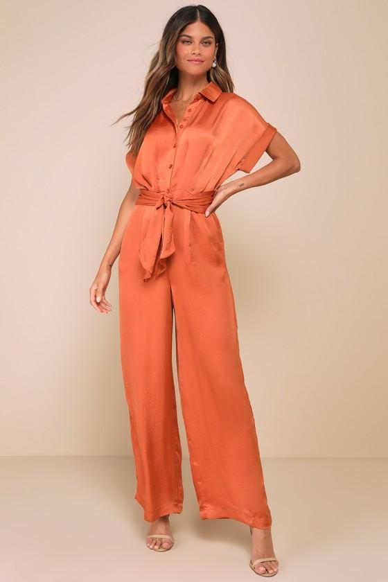 Tori Rust Orange Satin Tie-Front Button-Up Collared Jumpsuit Product Image