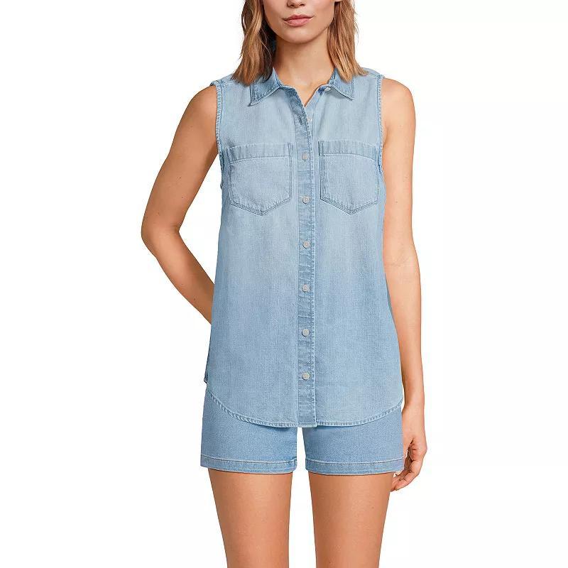 Womens Lands End Sleeveless Denim Button Down Shirt Light Wash Blue product image