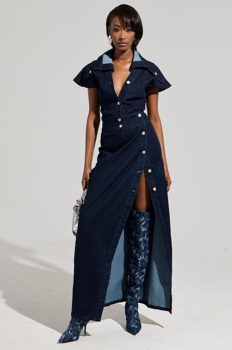 CHELSEA BUTTON SIDE DENIM MAXI DRESS Product Image