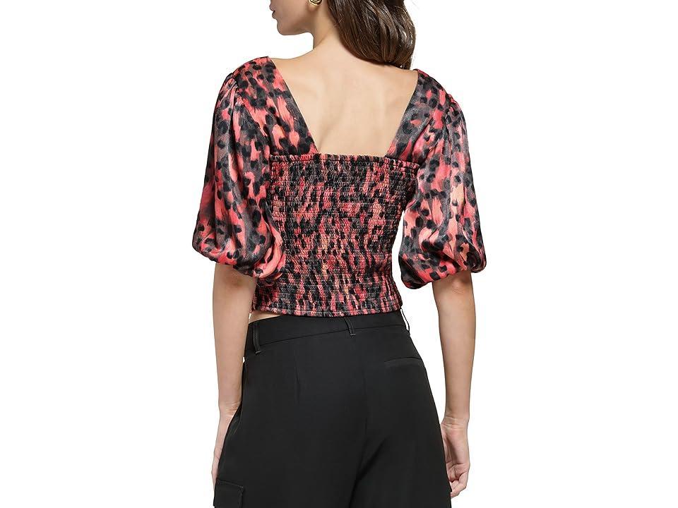 DKNY Printed Satin Sweetheart Neck Balloon Sleeve Coordinating Ruched Blouse Product Image