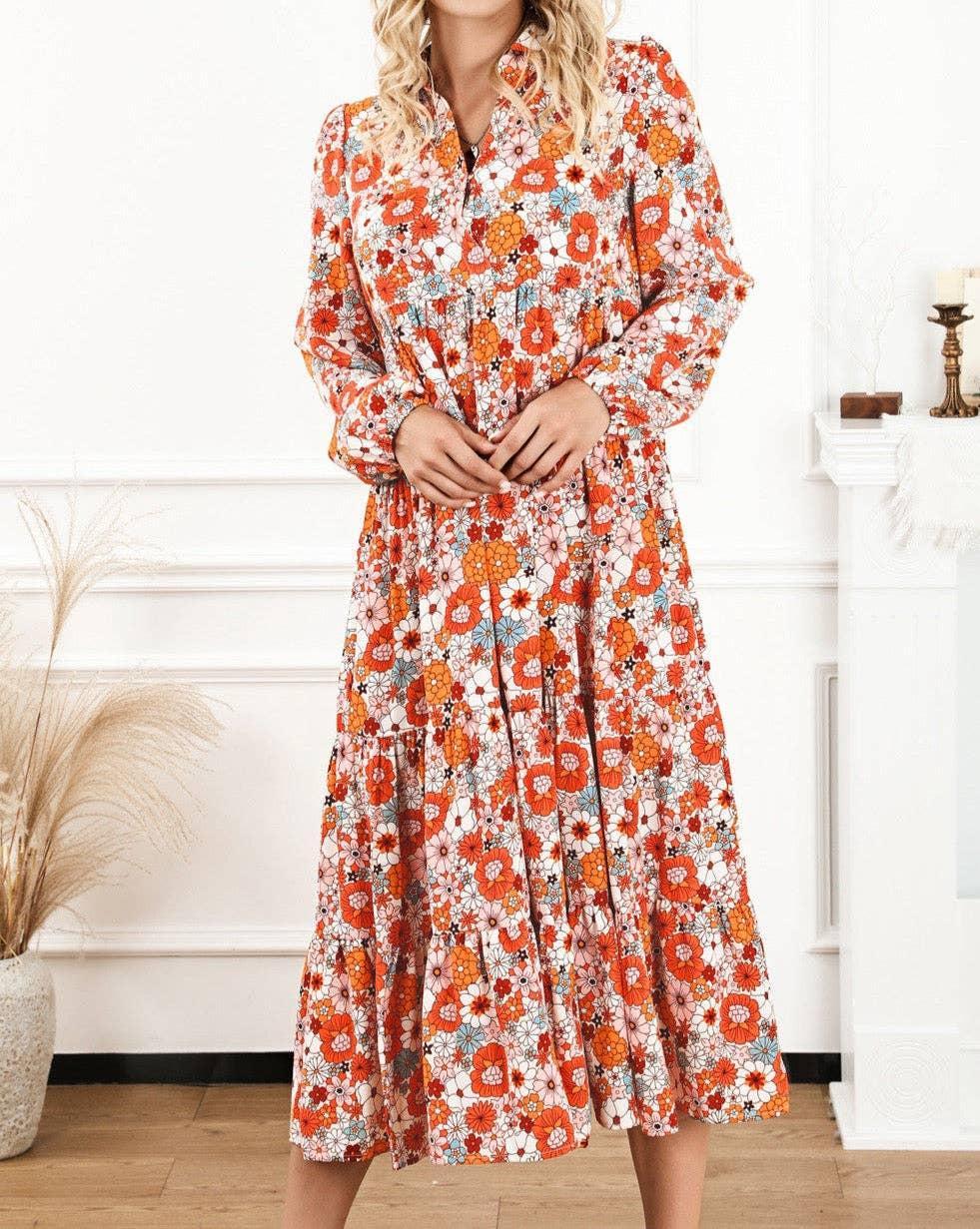 Floral Collared Tiered Midi Dress: Multicolor Product Image