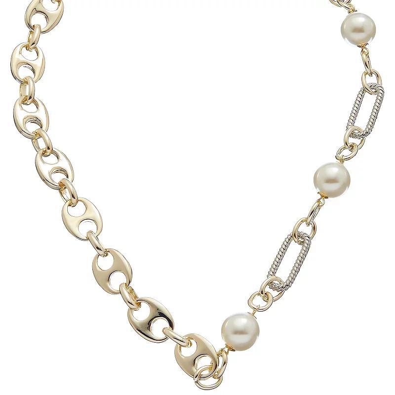 Juvell Two-Tone 18k Gold Plated Freshwater Cultured Pearl Link Station Necklace, Womens Two Tone Product Image