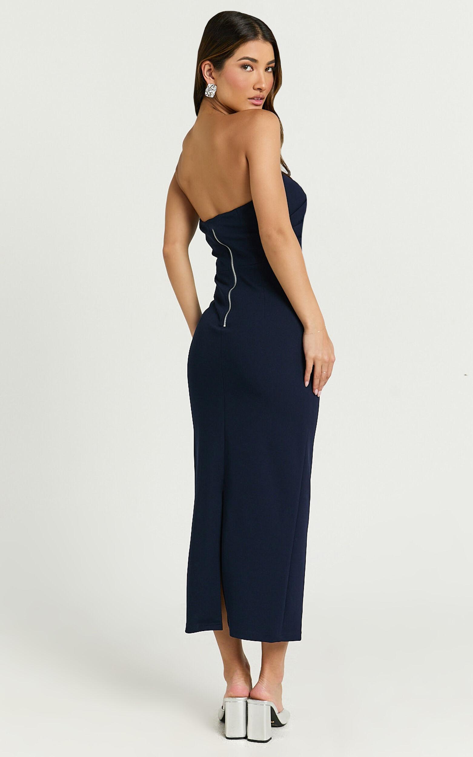 Calanthe Midi Dress - Strapless Tuck Detail Dress in Navy Product Image