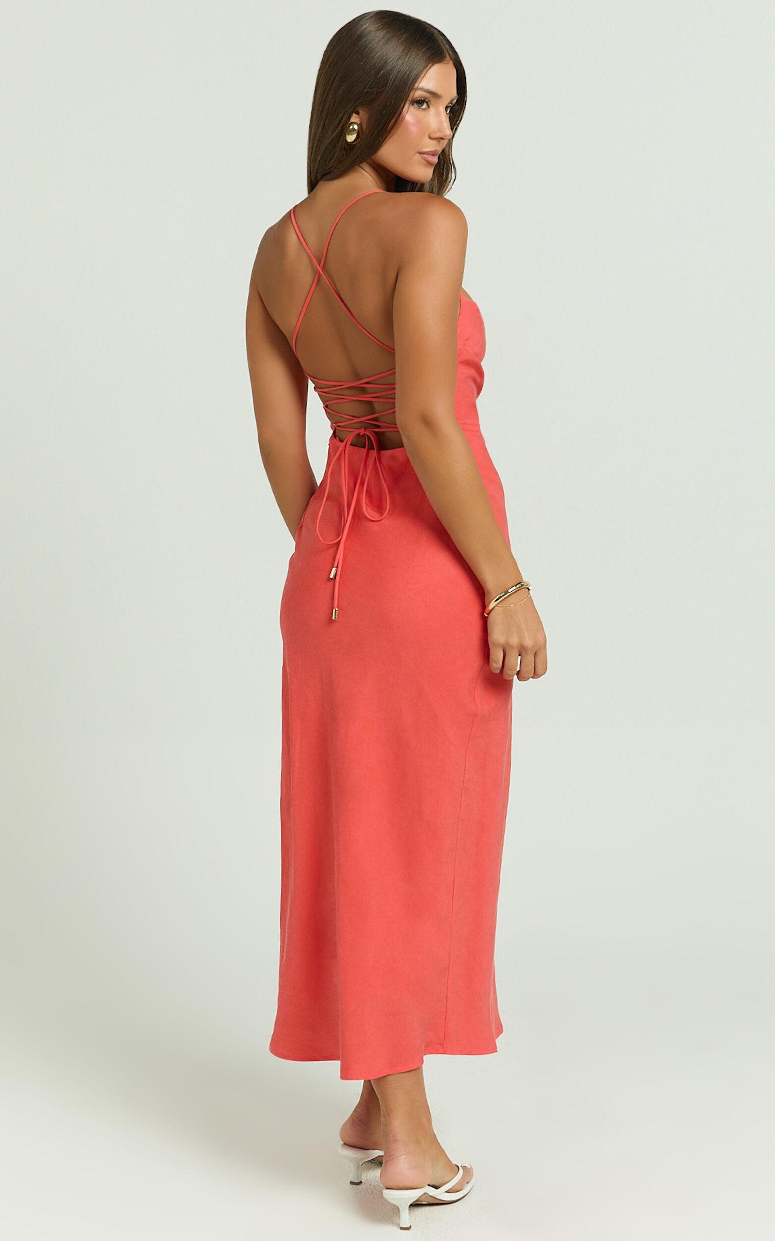 Evangeline Midi Dress - Square Neck Cross Back Bias Dress in Coral Product Image