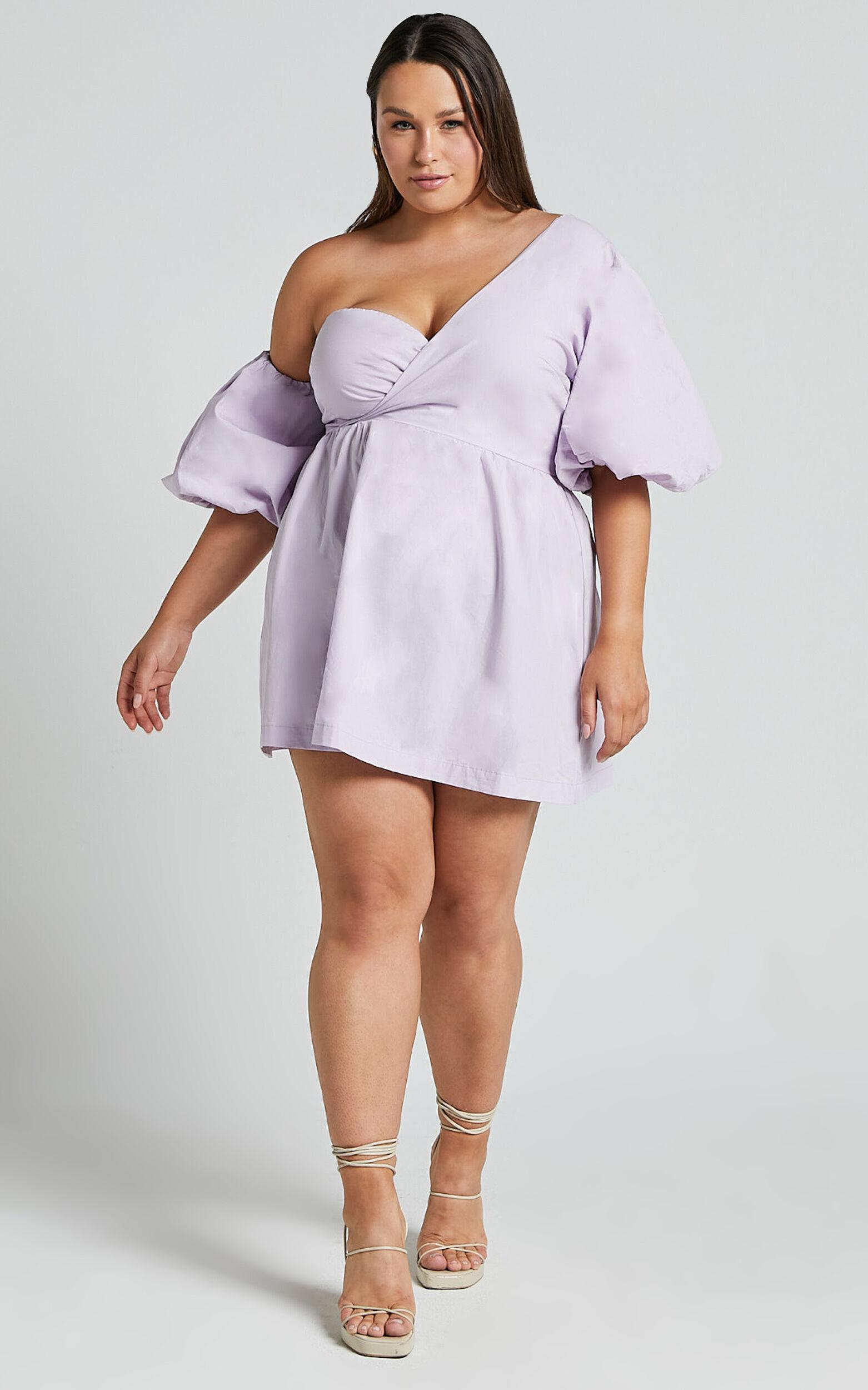 Sula Mini Dress - Asymmetric Off One Shoulder Puff Sleeve Dress in Lilac Product Image