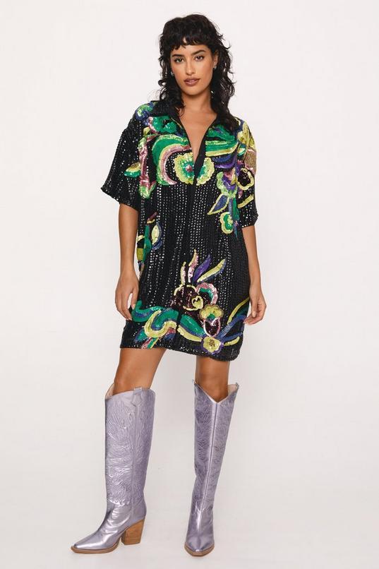 Embellished Bold Floral Shirt Dress Product Image