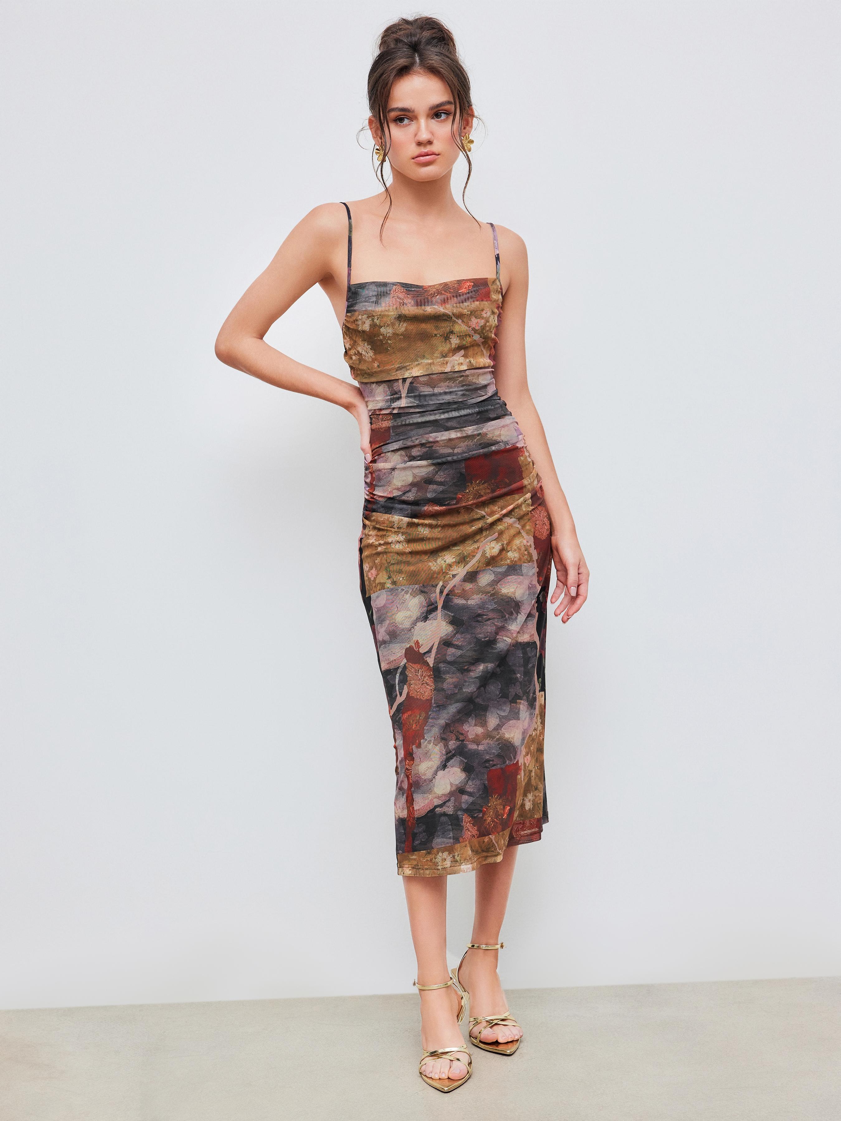 Mesh Cowl Neck Floral Ruched Cami Maxi Dress Product Image