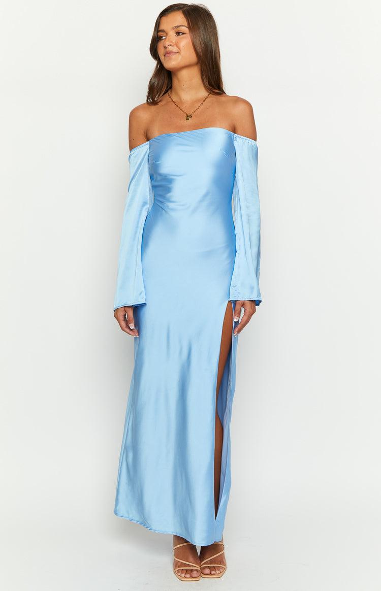 Shae Blue Satin Long Sleeve Maxi Dress Product Image